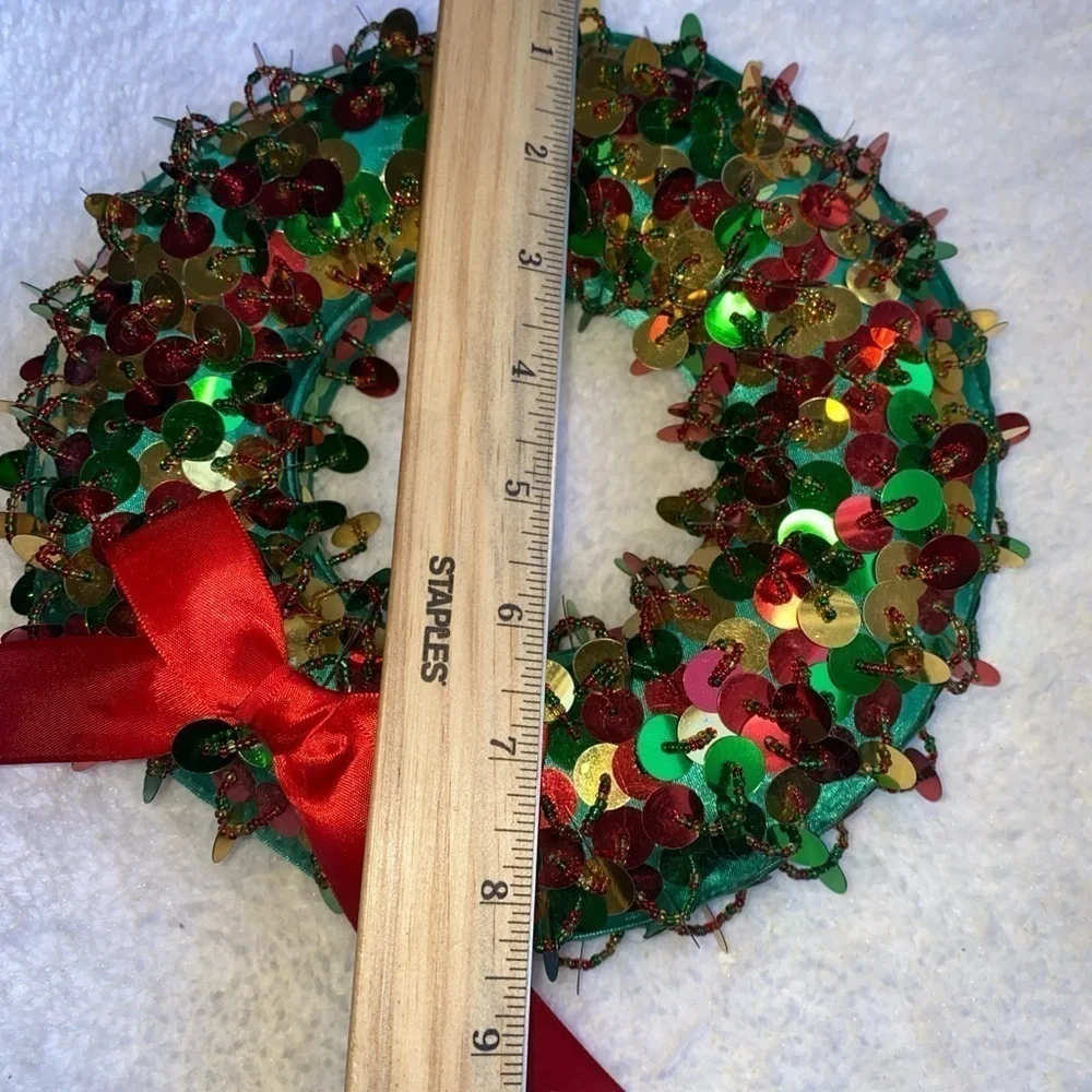 8” Bloomingdales Christmas Red‎ Ribbon Wreath w & Green & Red & Gold Sequences